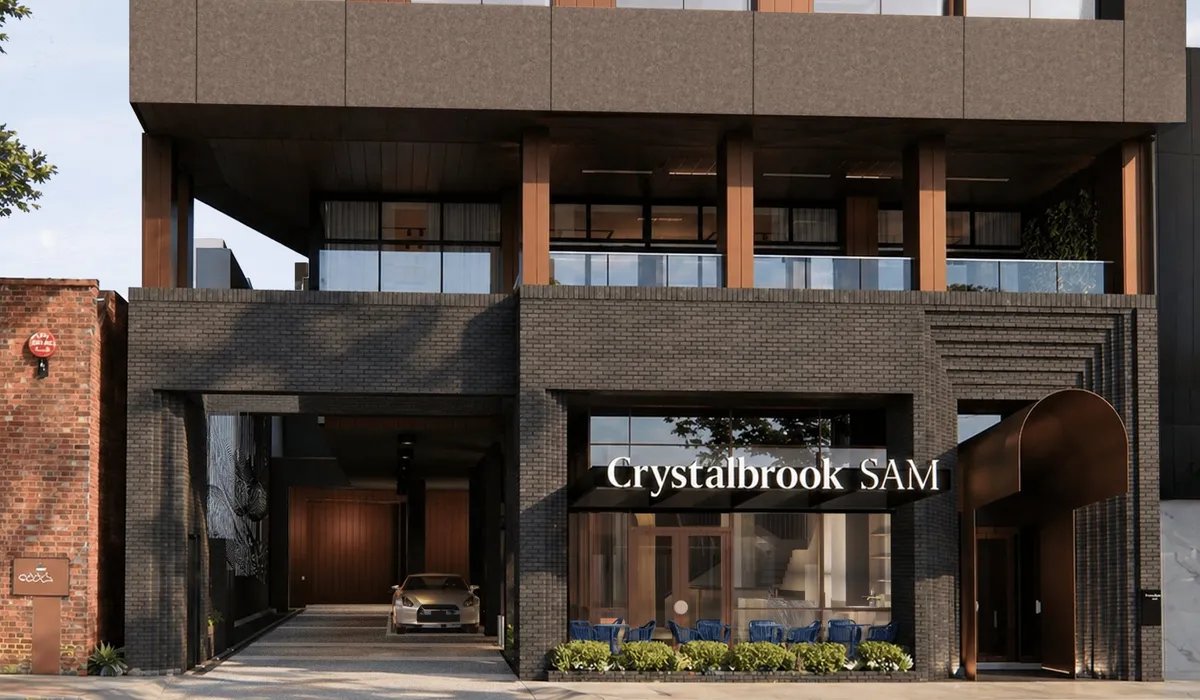 Artist's impression of Crystalbrook Sam: a hotel entrance and building exterior