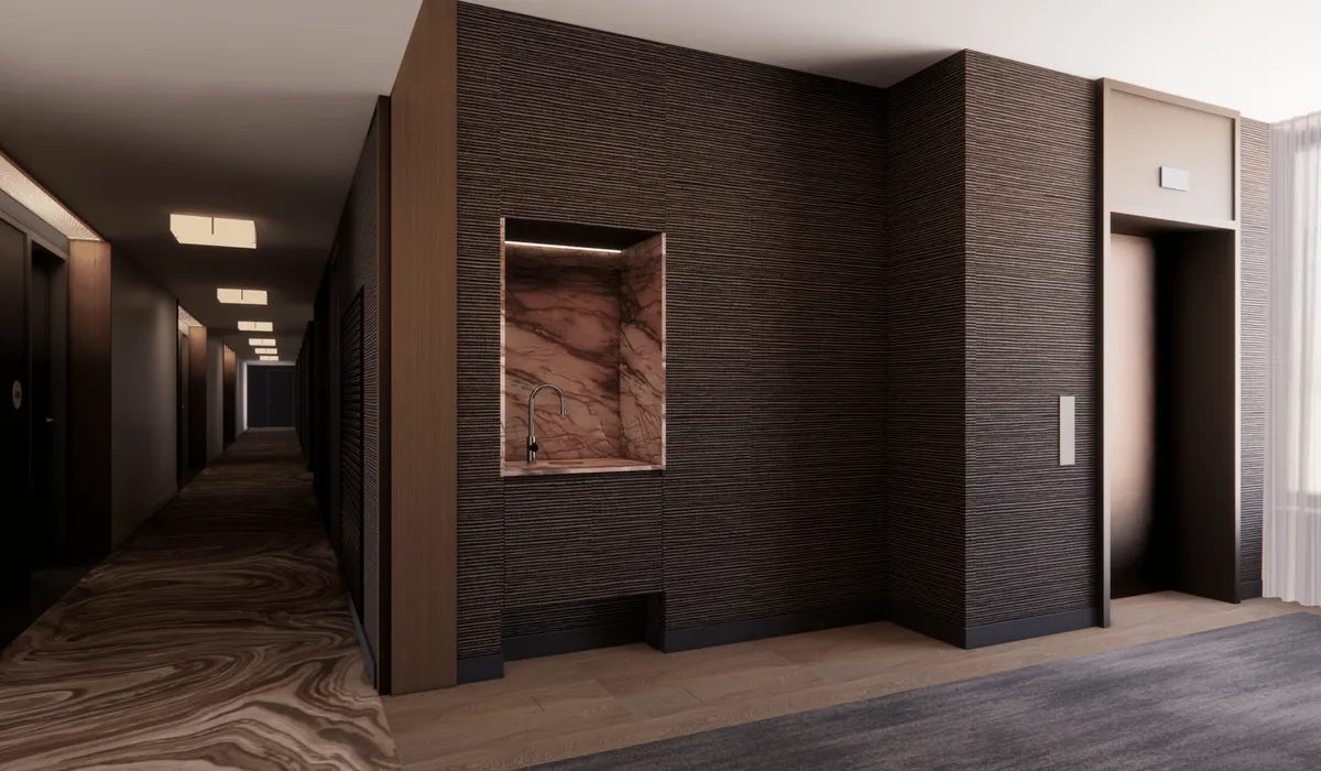 Artist's impression of Crystalbrook Sam: a hotel corridor with a stone vanity alcove