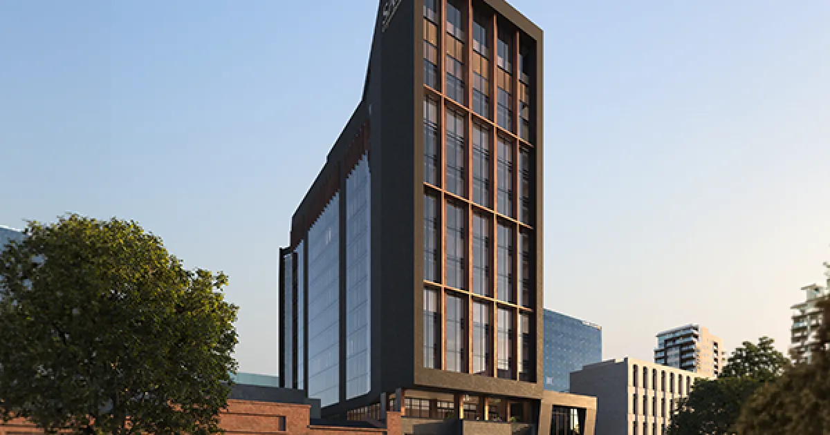 Artist's impression of Crystalbrook Sam: a hotel tower beside city buildings