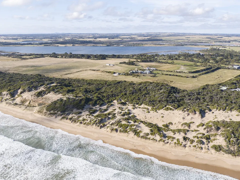 Aerial view of Lon Retreat's 250-acre coastal property and private beach