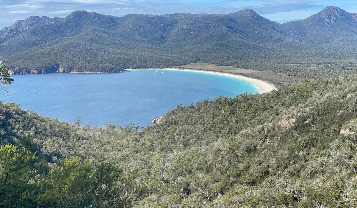 The Hazards mountains and Great Oyster Bay on Tasmania's Freycinet Peninsula