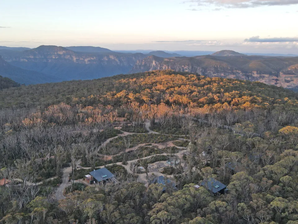 Aerial view of Chalets at Blackheath in the Blue Mountains bushland