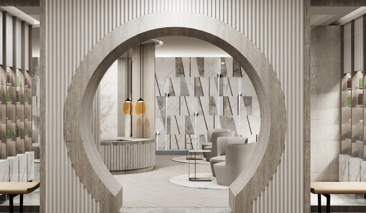 The Langham, Gold Coast: a spa lounge framed by a circular arch