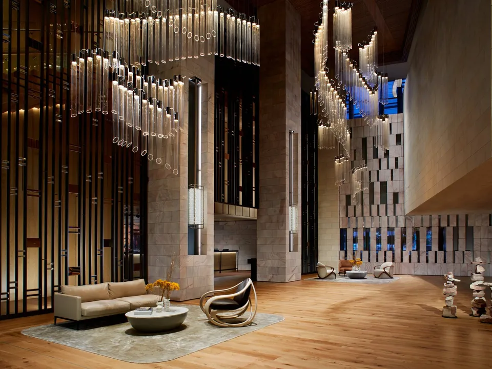 The lobby, with its suspended light installation