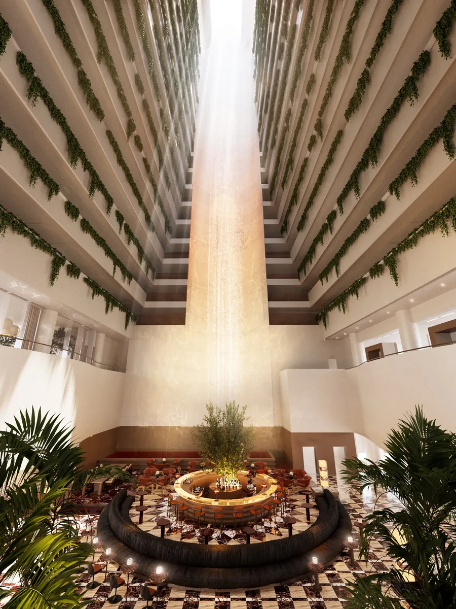 Render of InterContinental Brisbane's atrium looking up past planted balconies to a skylight, with a circular bar on the floor below