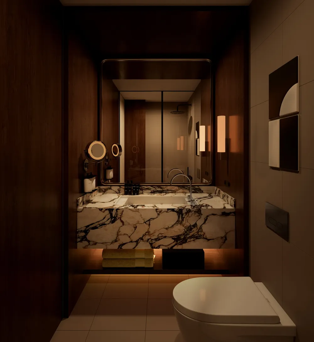 Render of a bathroom with a veined marble vanity, round mirror and timber walls