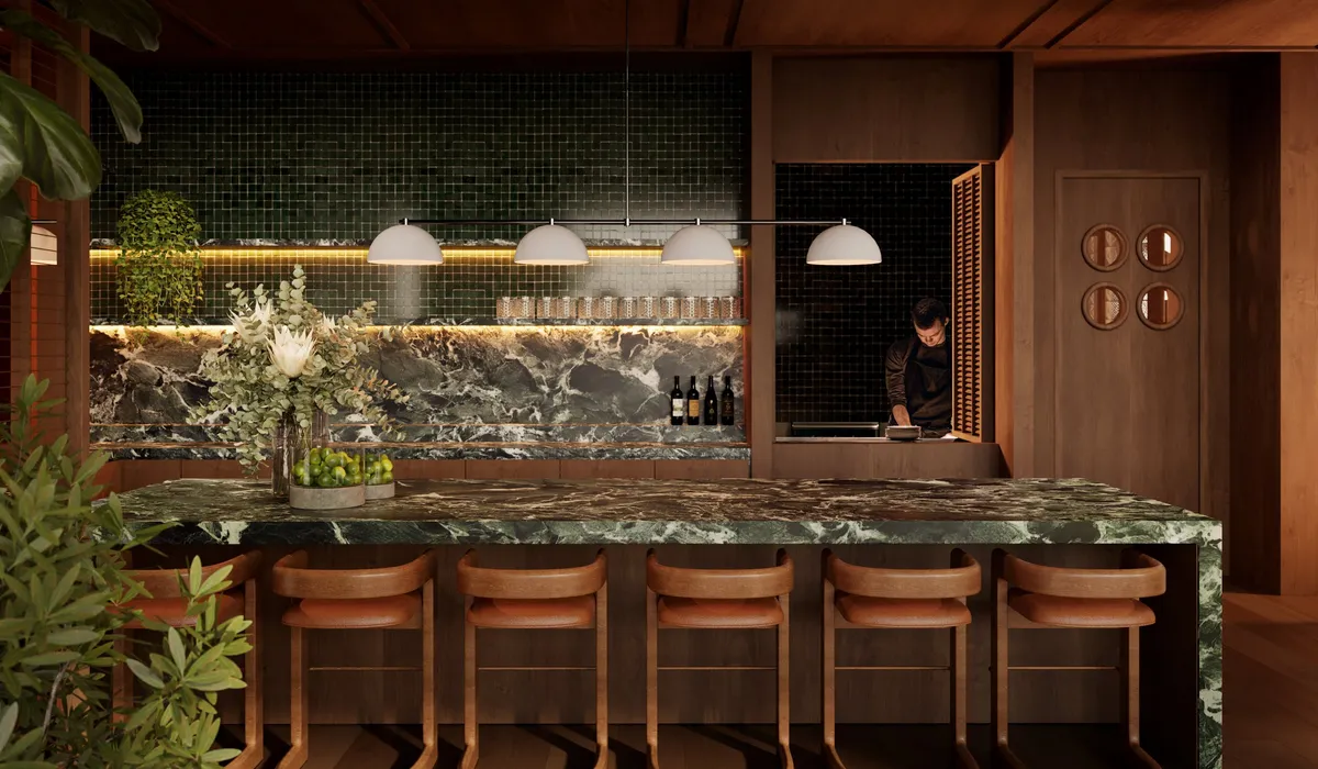 Render of a green marble bar with curved timber stools in the new Club InterContinental