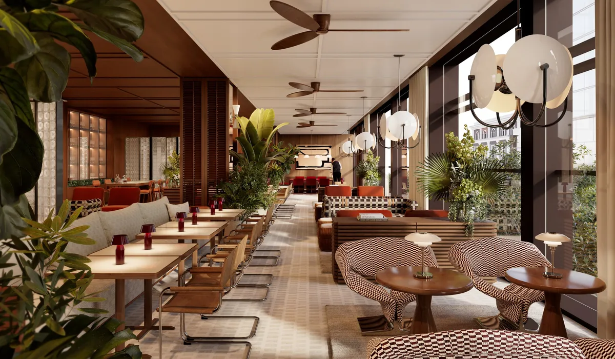 Render of the new Club InterContinental lounge with checked armchairs, timber tables and floor-to-ceiling windows