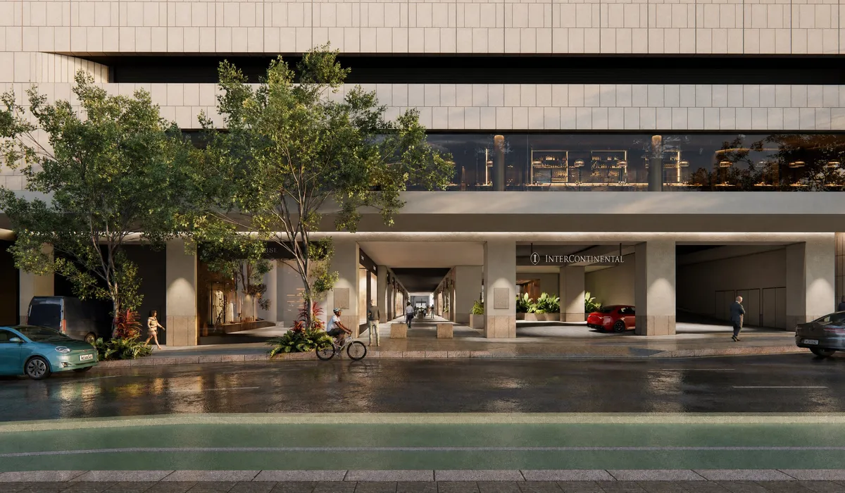 Render of the rebuilt Elizabeth Street porte cochère with trees, a water feature and the InterContinental sign