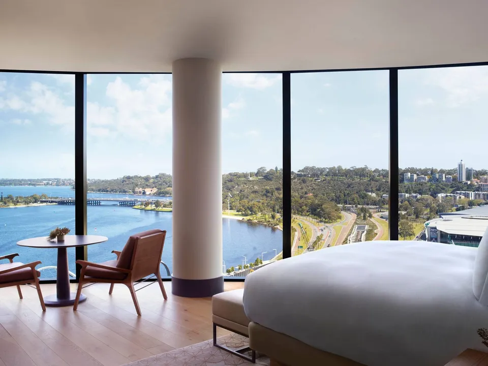 A Studio room with floor-to-ceiling windows over the Swan River