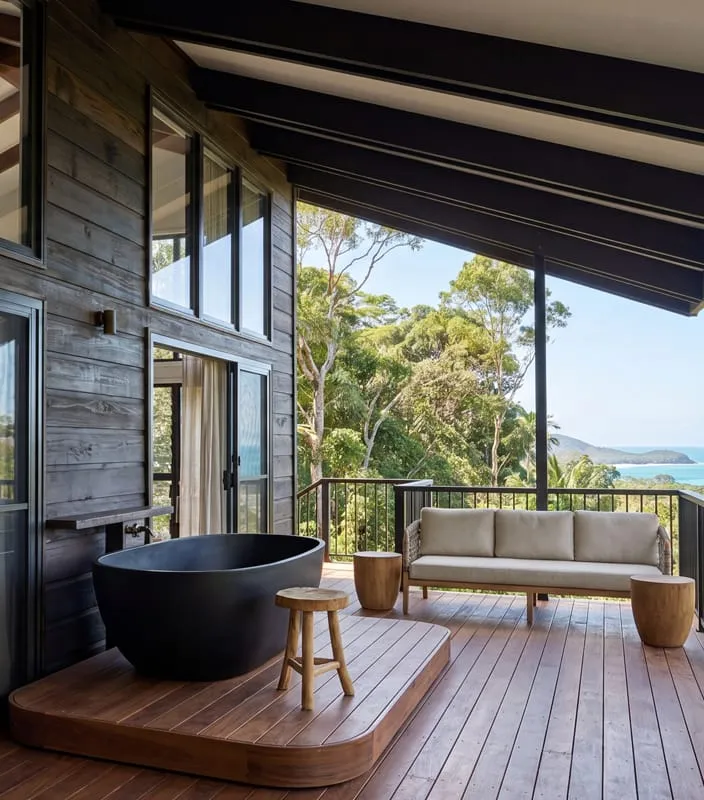 Artist's impression of a covered timber deck with a black freestanding bath, a sofa and a view over rainforest to the sea