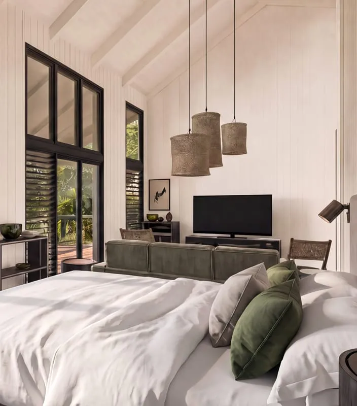Artist's impression of a bedroom with white timber-lined walls, a high raked ceiling and woven pendant lights
